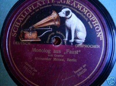 grammofoonplaat rond 1905 met opname van voordarcht van begin Goethes Faust door Moissi